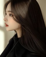 Side profile of young Asian woman with long dark hair and natural makeup wearing black clothing against light background, soft window lighting creates gentle shadows.