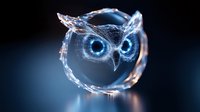 Glowing digital owl face with neon blue eyes emerges from circular light trail on dark background, modern technology concept art for creative design projects.