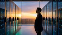 Professional businessman silhouette standing in modern data center server room during golden hour sunset, technology infrastructure background.