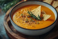 Creamy pumpkin soup garnished with rosemary, black pepper and tortilla chips served in gray ceramic bowl on wooden plate against dark background.