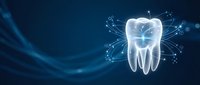 Digital tooth with glowing network connections on blue background for dental technology and healthcare innovation concepts.