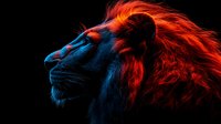 Dramatic side profile of majestic lion with glowing red mane against black background, illuminated in vibrant blue and orange neon lighting creating ethereal artistic effect.