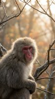 Japanese macaque monkey sitting on tree branch in autumn forest with warm golden bokeh light background for wildlife and nature photography projects.