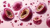 Fresh passion fruit halves with seeds floating in pink juice splash with droplets on gradient background for healthy food and beverage design projects.