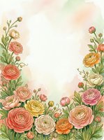 Watercolor ranunculus flowers frame with soft pastel background for wedding invitations, greeting cards and romantic design projects.