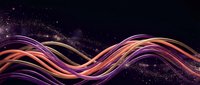 Flowing colorful light trails with glowing particles on dark cosmic background. Abstract energy waves in purple, orange and pink hues for digital art projects.
