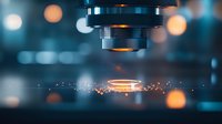 Laser cutting machine in operation with glowing sparks and bokeh lights, industrial manufacturing process shown in dramatic dark blue tones.