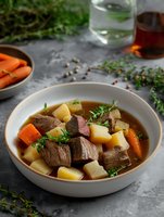 Hearty beef stew with tender meat chunks, potatoes, carrots and fresh thyme in rich brown broth served in white ceramic bowl on dark background.