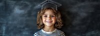 Cheerful Caucasian girl in graduation cap and striped shirt smiling against chalkboard background, representing early education and academic achievement.