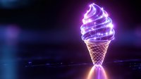 Glowing neon ice cream cone with swirled soft serve illuminated in purple and blue light against dark background, creating futuristic dessert aesthetic.