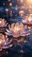 Crystal lotus flowers glowing with warm light on reflective surface with bokeh background for meditation and spiritual wellness concepts.