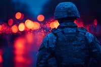 Silhouette of military soldier in combat uniform against blurred urban lights background creating dramatic contrast between dark and glowing bokeh effects.