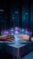Hands interacting with holographic digital interface displaying data analytics and network connections in futuristic server room environment.