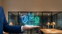 Professional businessman presenting digital security icons including shield, document and certificate symbols floating above open palm in modern office environment.