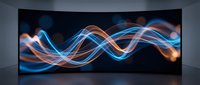 Glowing neon waves of blue and orange light flowing across dark curved screen display, creating dynamic energy motion effect for technology and digital design projects.