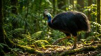 Large flightless cassowary bird walking through lush tropical rainforest with dappled sunlight filtering through green ferns and vegetation canopy.
