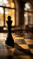 Black chess king piece on wooden chessboard with warm bokeh lights and strategy decision text for business planning and leadership concepts.