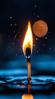 Burning match with bright flame reflected in water droplets against dark blue background, creating magical bokeh effect and mirror reflection on wet surface.