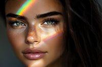 Young woman with freckles and striking green eyes in dramatic lighting with rainbow prism effect across face, natural makeup look and dark hair for beauty and fashion.