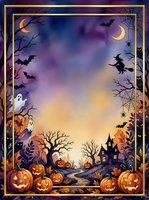 Spooky haunted mansion landscape with jack-o'-lanterns, bare trees, flying bats, ghosts, and dual moons in twilight sky. Gold frame border. Halloween celebration artwork.