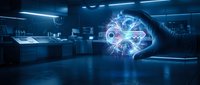 Glowing holographic atom model with electron orbits displayed in futuristic laboratory workspace with blue neon lighting and digital technology environment.