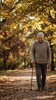 Happy senior Caucasian man with gray hair walking with cane in autumn park surrounded by golden fall foliage and warm sunlight for health and wellness concepts.
