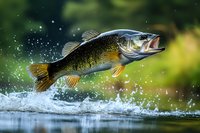 Largemouth bass leaping out of water with splashing droplets against green nature background, dynamic action shot capturing power and movement in sport fishing.