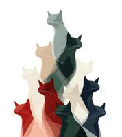 Stylized geometric cats in various colors arranged vertically with angular faceted design on white background for modern decor and pet-themed projects.