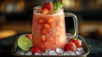 Fresh strawberry smoothie in glass mug with lime, ice cubes and rosemary garnish on dark background, refreshing summer drink with fresh berries.