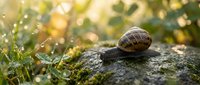 Garden snail crawling on moss-covered stone in natural outdoor setting with soft bokeh background and morning dewdrops on grass creating peaceful nature scene.