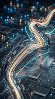 Glowing neon light streams flow across circuit board pathways with bokeh lights, representing data transmission, digital connectivity, technology innovation, and futuristic computing networks.