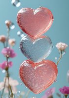 Crystal clear heart shapes with water drops, pink and blue colors stacked vertically against soft floral background with delicate pink blossoms and turquoise sky.