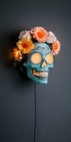 Decorative turquoise sugar skull with orange and peach flowers crown against dark background. Illuminated Mexican folk art style calavera with floral arrangement.