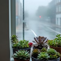 Succulent plants on windowsill with rainy street view outside, cozy indoor gardening scene for home decor and lifestyle content.