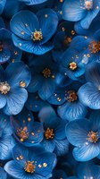 Luminous blue flowers with golden stamens create magical garden atmosphere. Delicate petals with intricate veining pattern glow against dark background. Macro floral art.