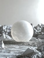 Glowing white moon sphere resting among rocky lunar terrain, soft light and gray stones creating a minimalist cosmic atmosphere.