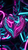 Transparent glass heart with vibrant neon pink and cyan lighting effects on dark background for romantic design projects and digital art concepts.