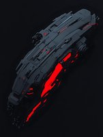 Futuristic spaceship with dark metallic exterior and glowing red accents against black background, featuring angular geometric design and mechanical details.