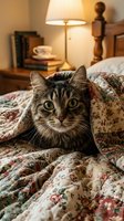Tabby cat peeking out from under a floral quilt on a cozy bed, warm lamp glowing in background, capturing comfort and pet life at home.