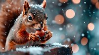 Adorable squirrel eating nut in winter snow with magical bokeh lights background. Cute woodland animal portrait for holiday greeting cards and seasonal designs.