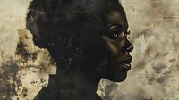 Side profile portrait of young African American woman against textured grunge background with dramatic lighting and vintage aesthetic effect.