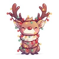 Adorable cartoon reindeer wrapped in colorful Christmas lights with red nose and antlers, smiling with closed eyes on white background, ready for holiday designs.