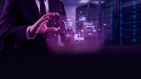 Businessman hand protecting digital commerce icons with shopping cart and payment symbols in futuristic data center environment for online business.