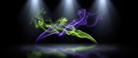Colorful green and purple smoke swirls gracefully on a dark stage with dramatic spotlights, creating an ethereal, mystical atmosphere.