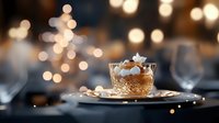 Elegant dessert served in crystal glass with whipped cream topping against blurred festive lights background, creating luxurious dining atmosphere.