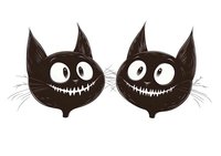 Two mischievous black cats with stitched grins and wide eyes on isolated white background. Perfect for Halloween designs, t-shirts, and festive merchandise.