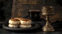 Communion bread and wine chalice on ornate plate creating sacred religious ceremony atmosphere for worship and spiritual reflection.