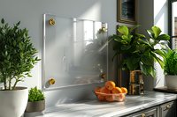 Modern kitchen interior with transparent glass backsplash mounted on white wall, featuring decorative houseplants and fresh oranges in bowl, perfect for interior design and home decor projects.