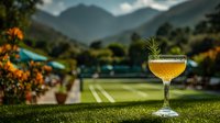 Elegant cocktail glass with golden drink garnished with rosemary sprig on green grass overlooking mountain landscape and swimming pool at luxury resort.