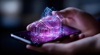Glowing holographic house model emerging from smartphone screen with purple and blue light effects, demonstrating augmented reality in real estate technology.